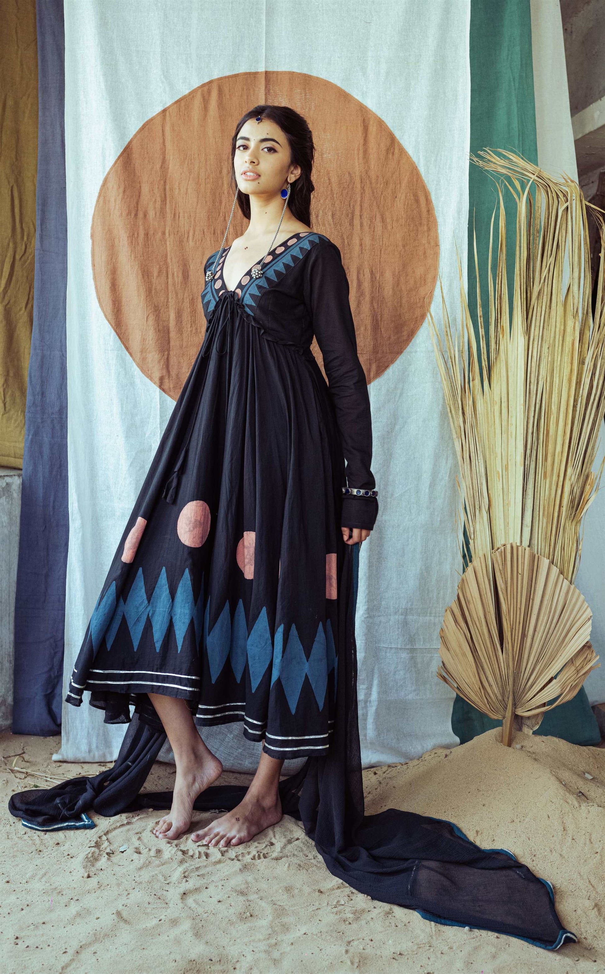 Coal Mine Black Hand Block Printed Anarkali Dress - Tijoreebynikita