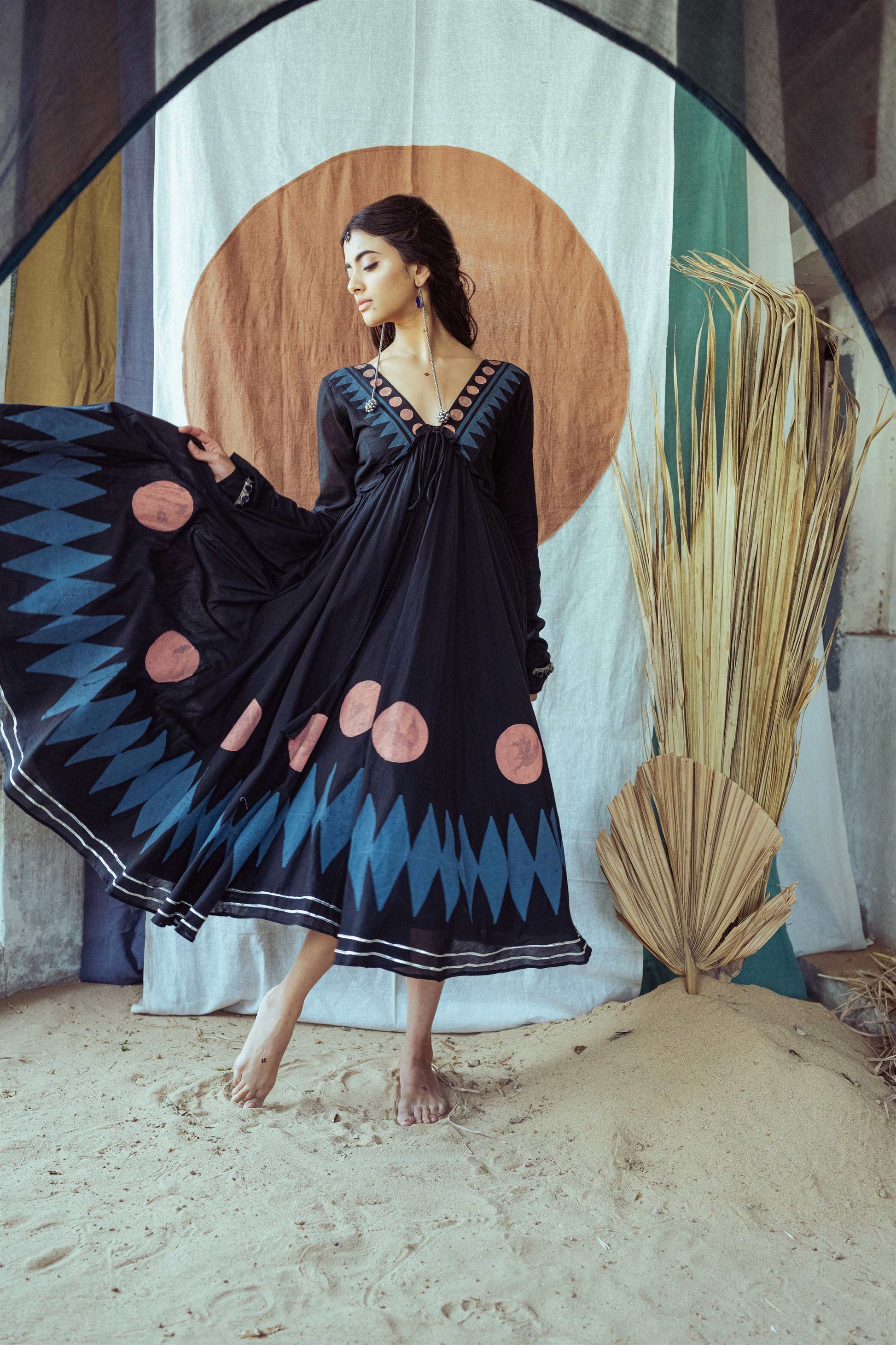 Coal Mine Black Hand Block Printed Anarkali Dress - Tijoreebynikita