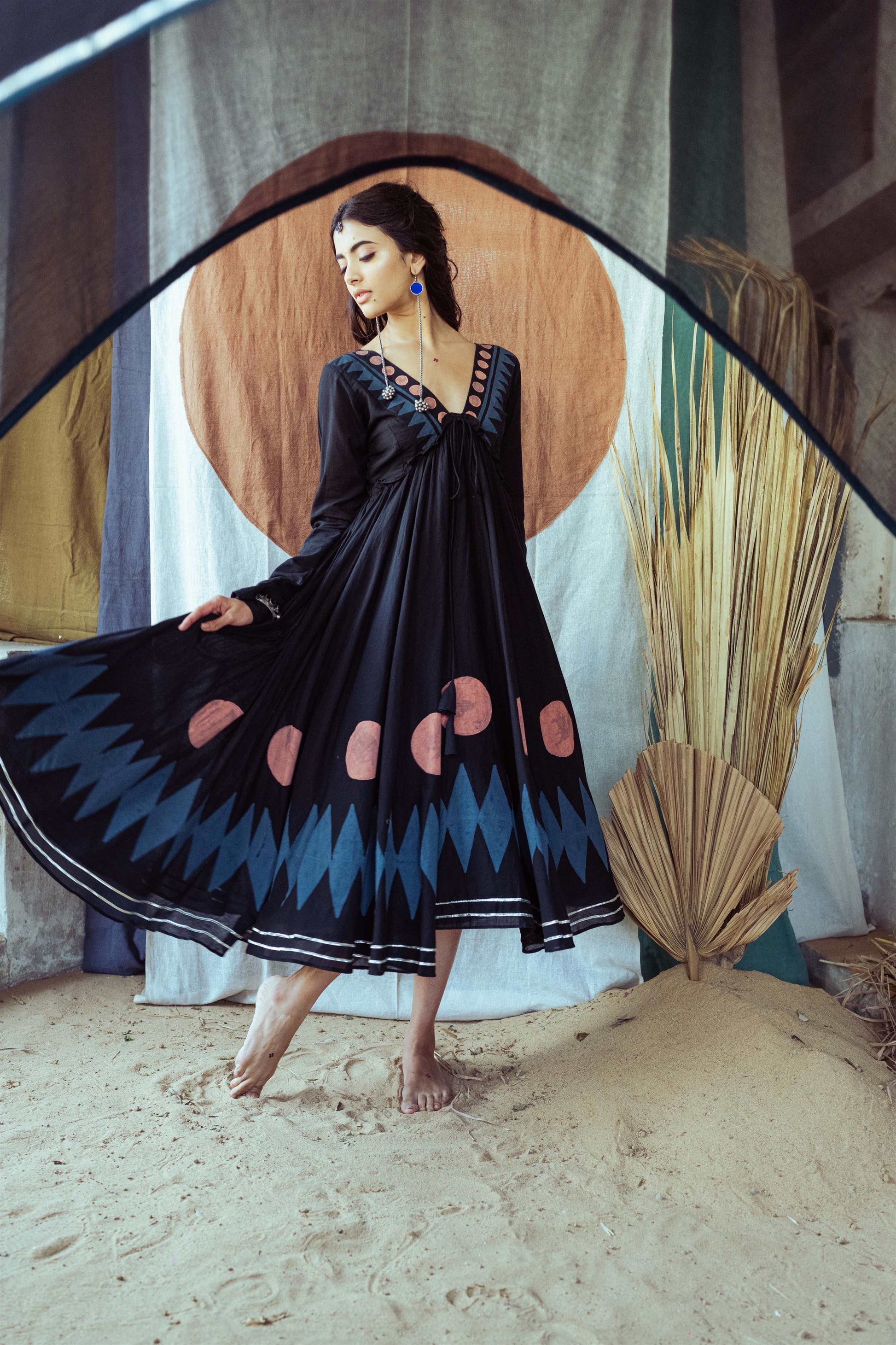 Coal Mine Black Hand Block Printed Anarkali Dress - Tijoreebynikita