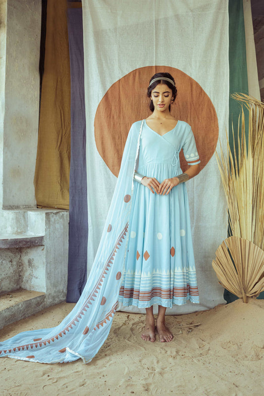 Light Sky Blue Hand Block Printed Anarkali Dress - Tijoreebynikita