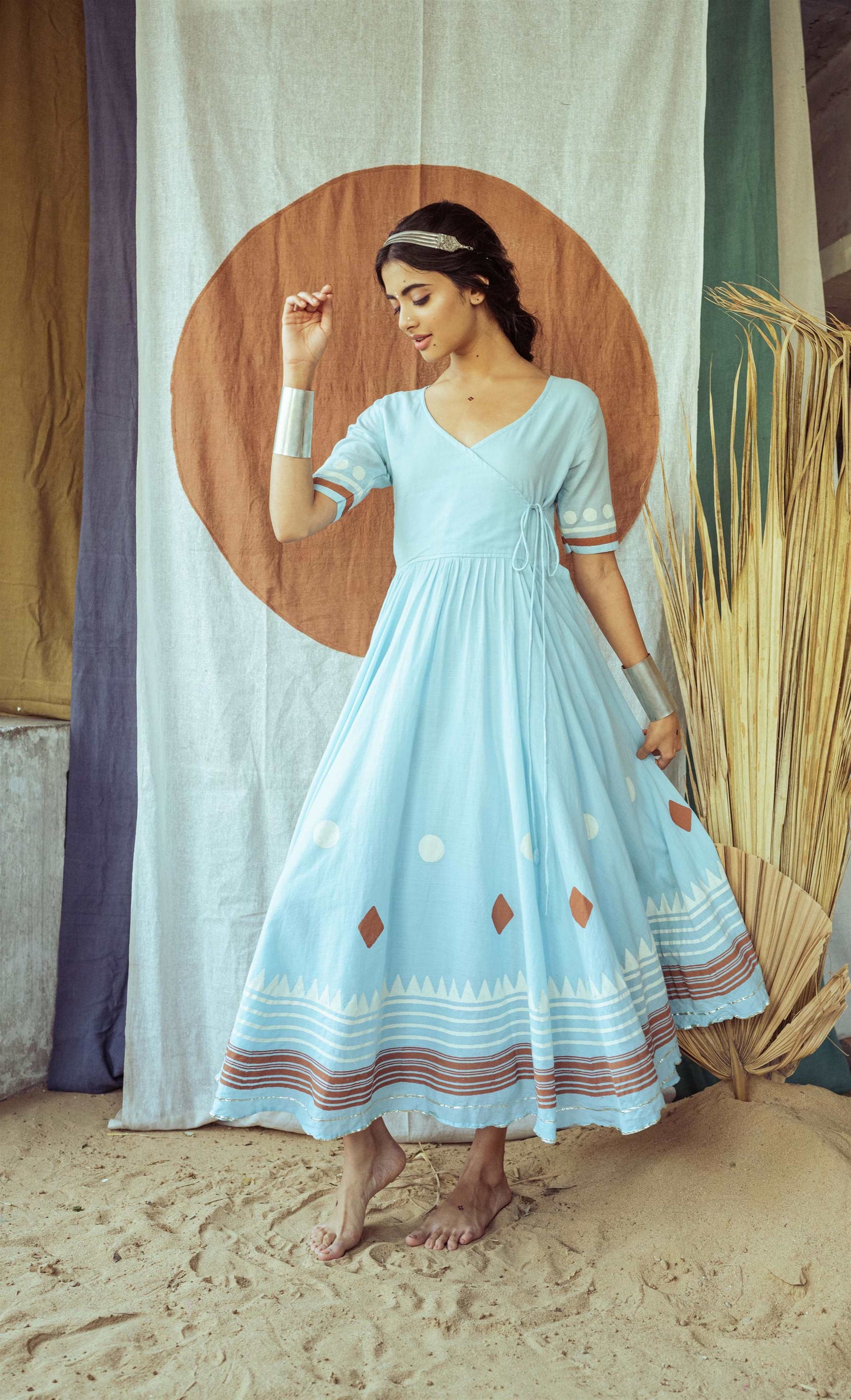 Light Sky Blue Hand Block Printed Anarkali Dress - Tijoreebynikita