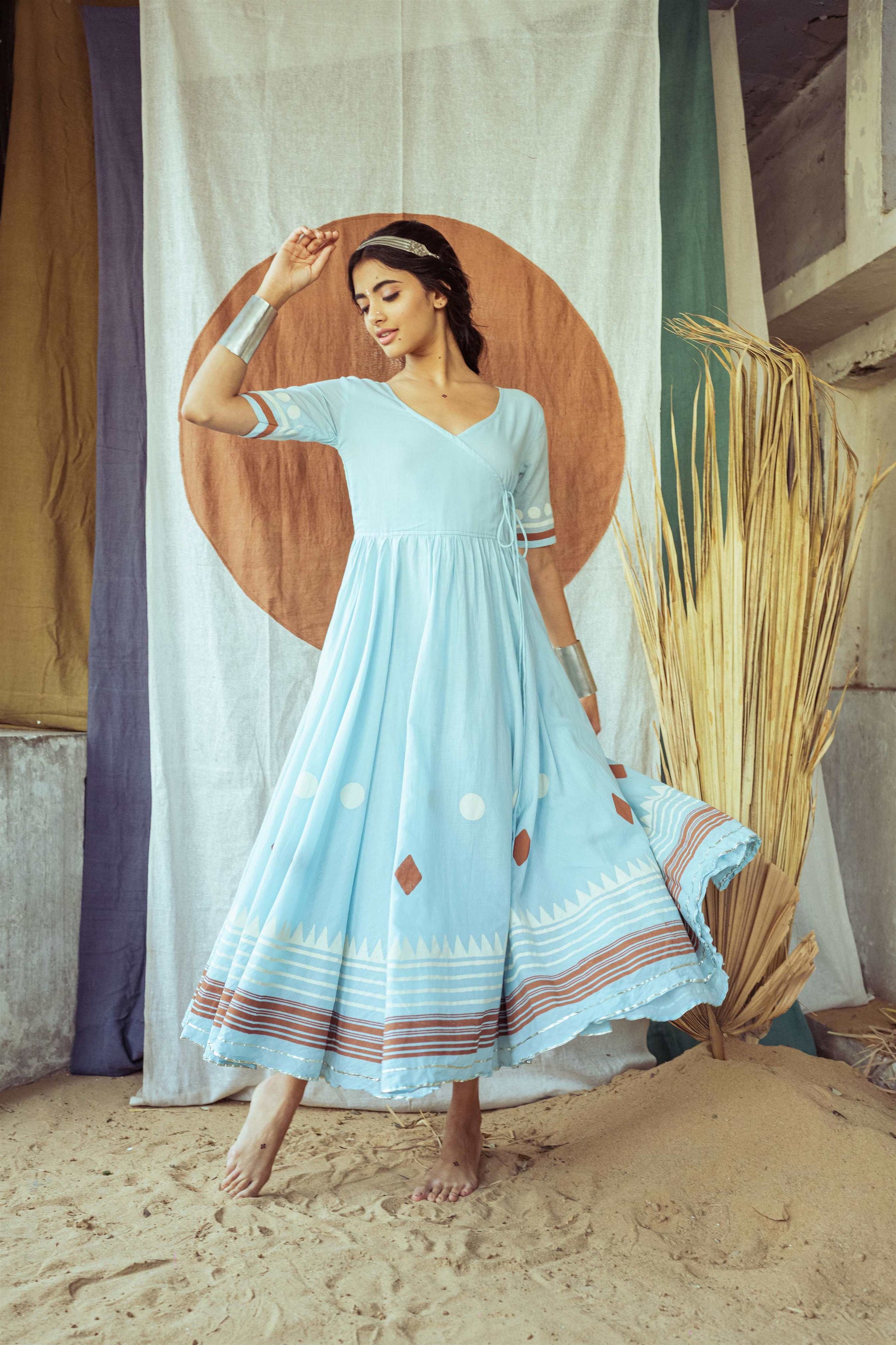 Light Sky Blue Hand Block Printed Anarkali Dress - Tijoreebynikita