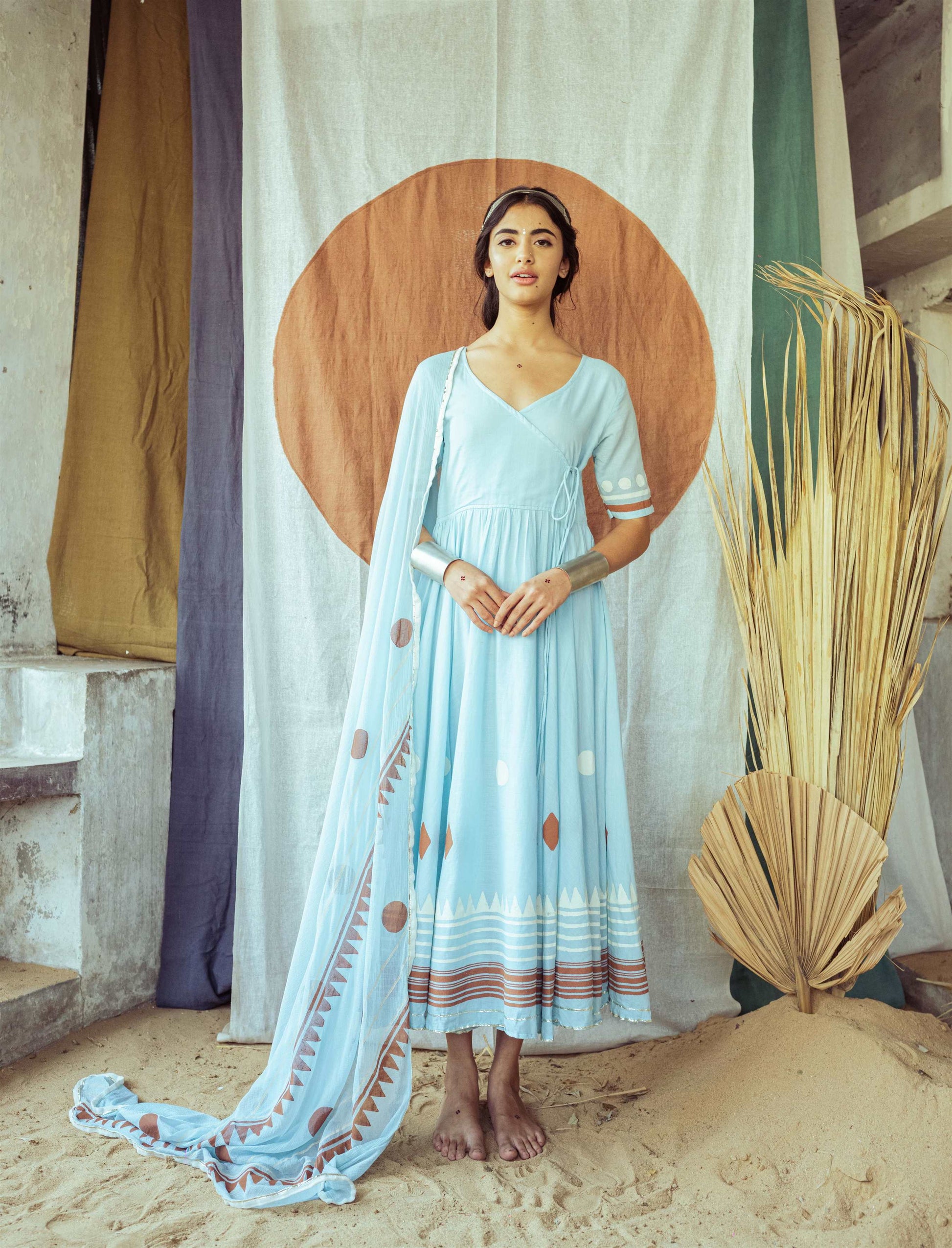 Light Sky Blue Hand Block Printed Anarkali Dress - Tijoreebynikita