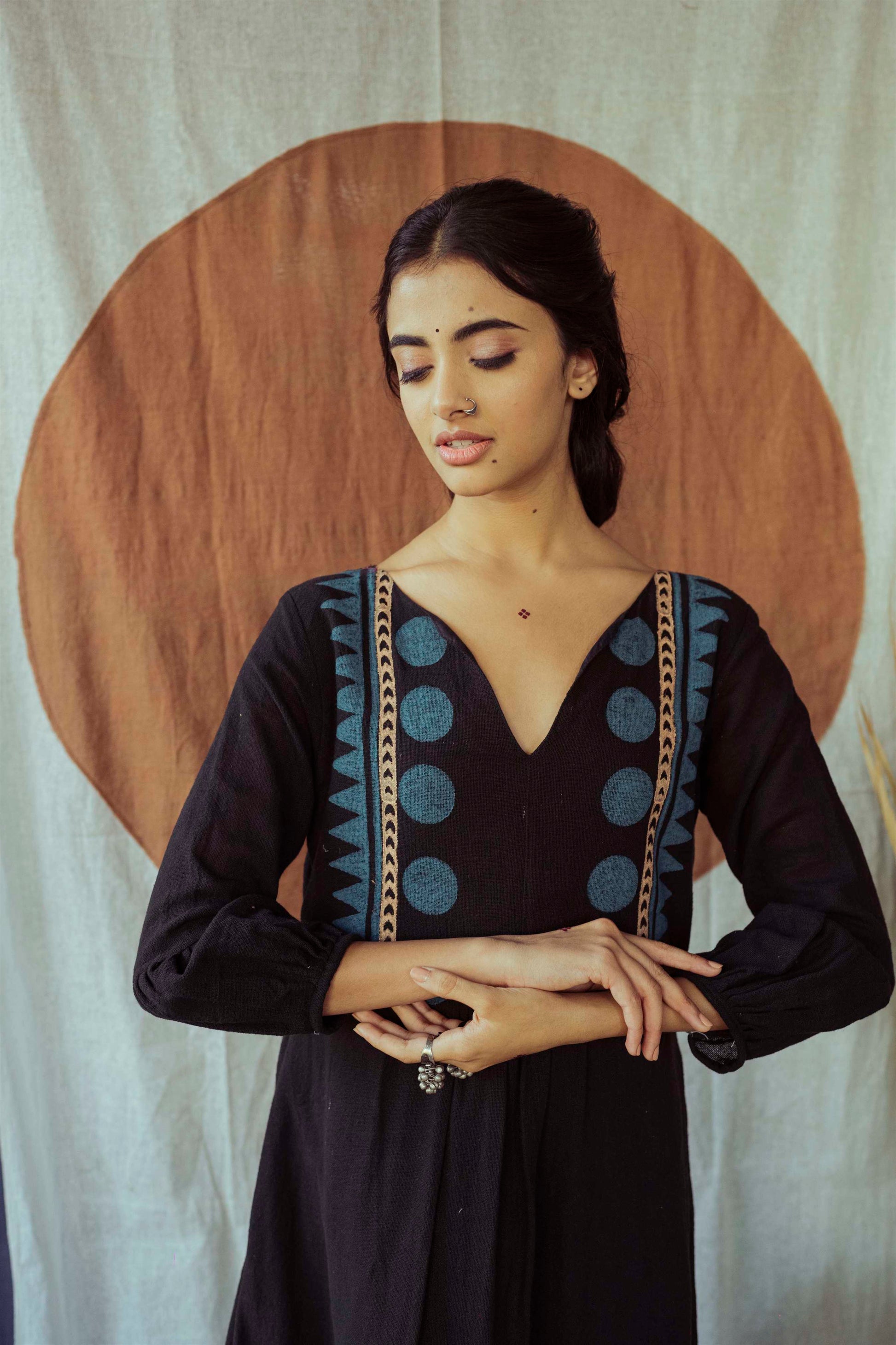 Coal Mine Black Hand Block Printed Asymmetrical Dress - Tijoreebynikita