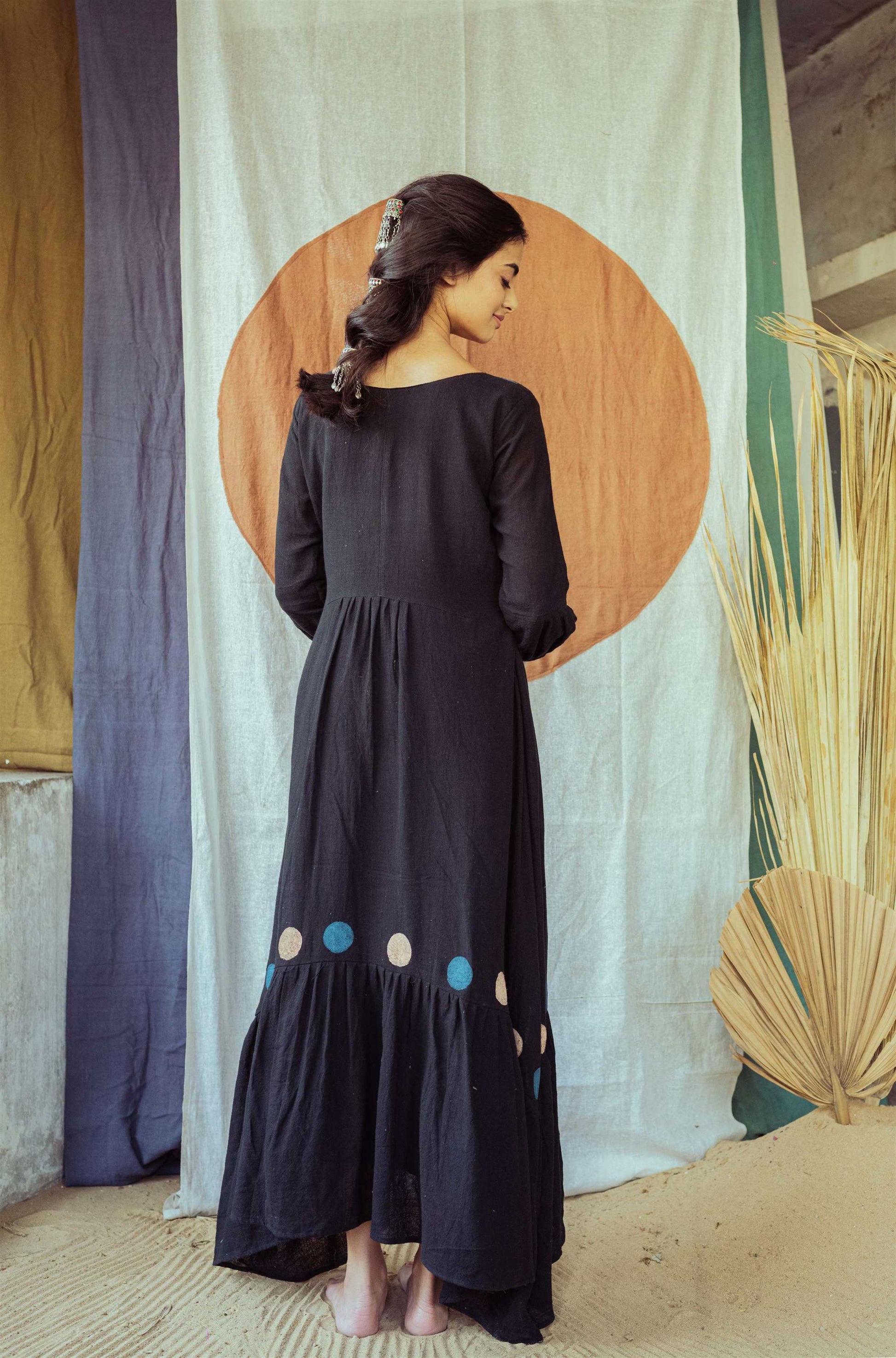 Coal Mine Black Hand Block Printed Asymmetrical Dress - Tijoreebynikita