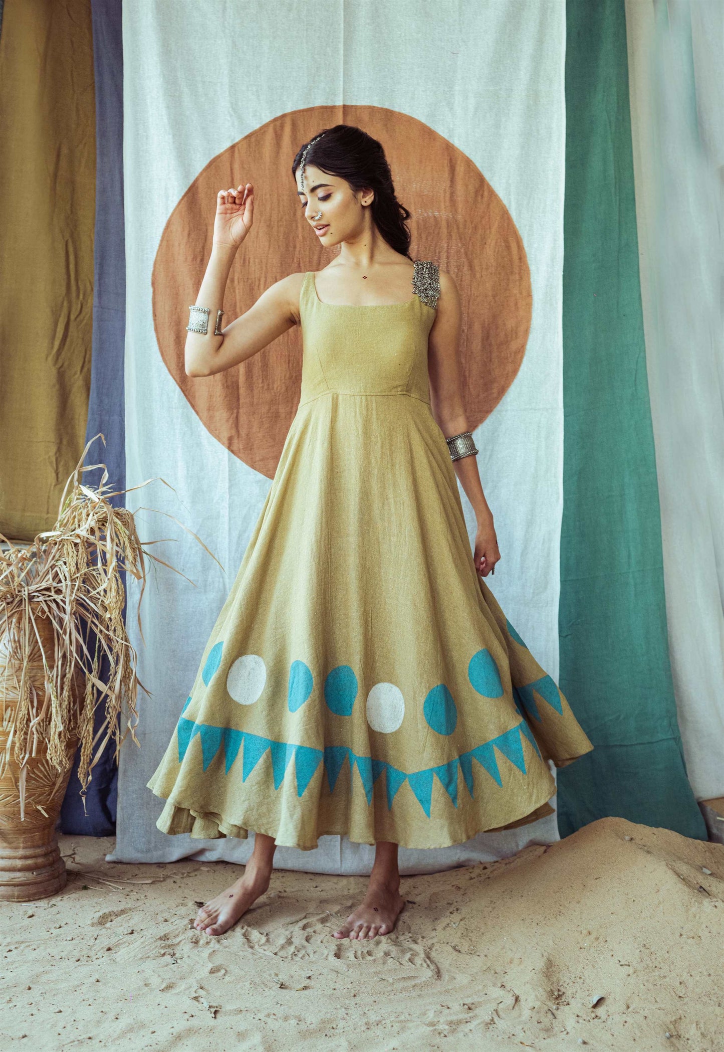 Countryside Olive Hand Block Printed Anarkali Dress - Tijoreebynikita