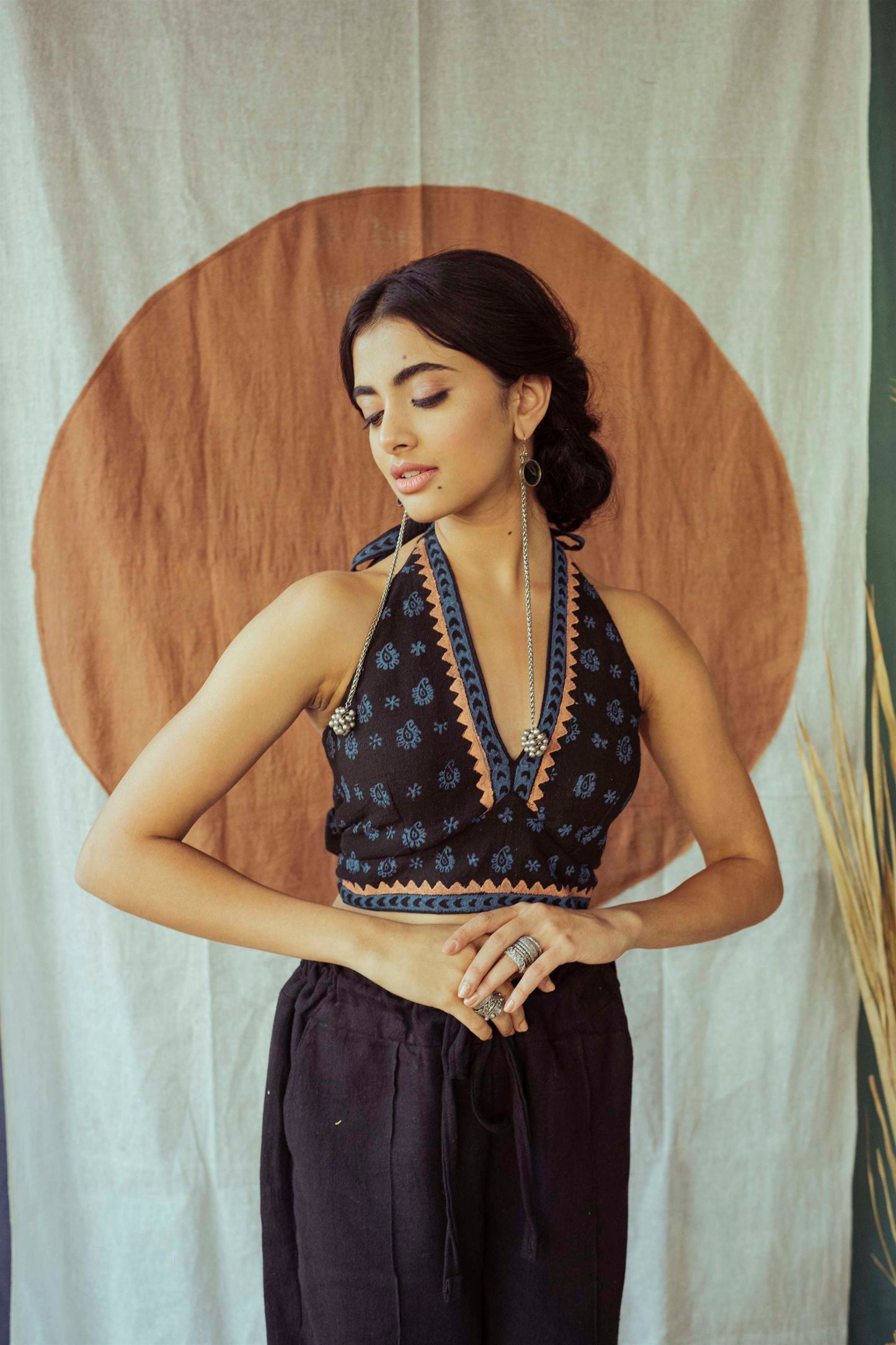 Coal Mine Black Hand Block Printed Tie Back Tank Top - Tijoreebynikita