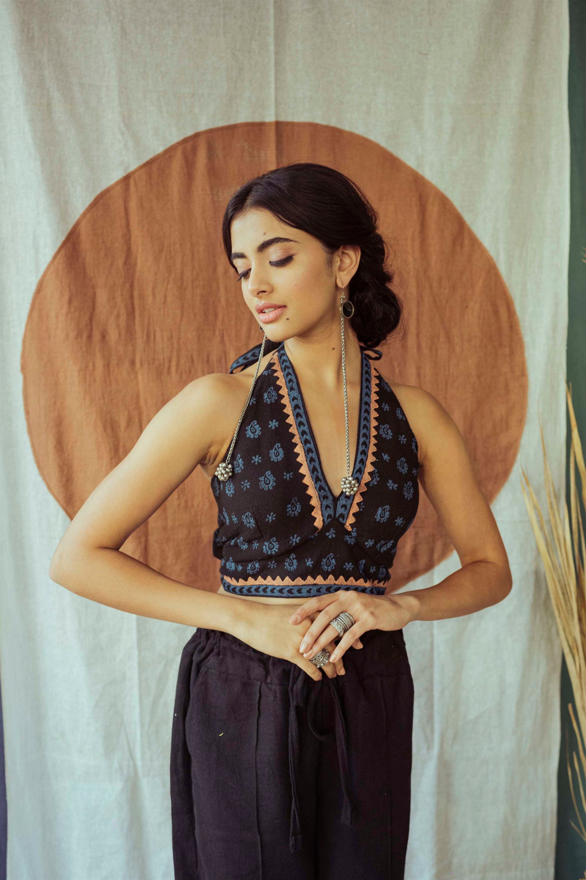 Coal Mine Black Hand Block Printed Tie Back Tank Top - Tijoreebynikita